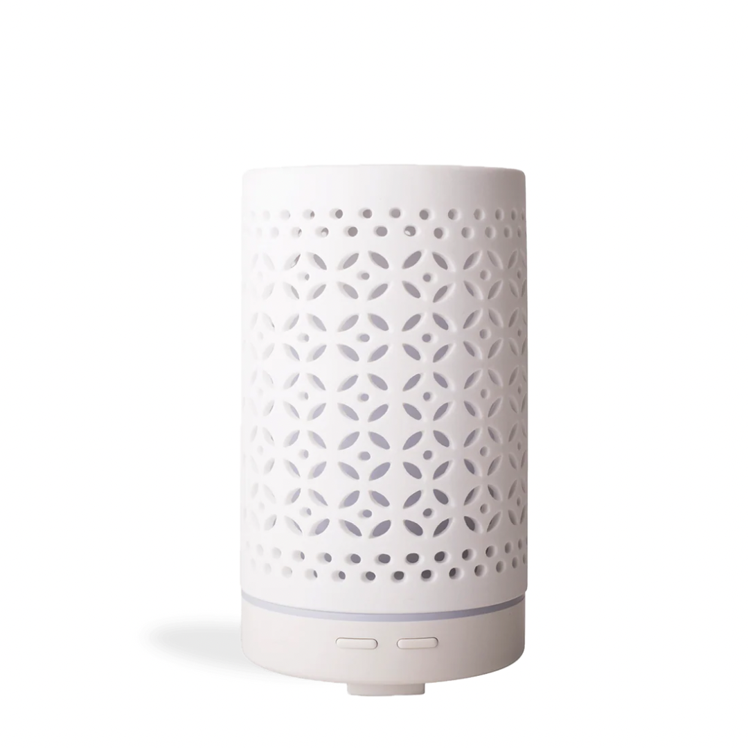 White diffuser with decorative pattern on a white background