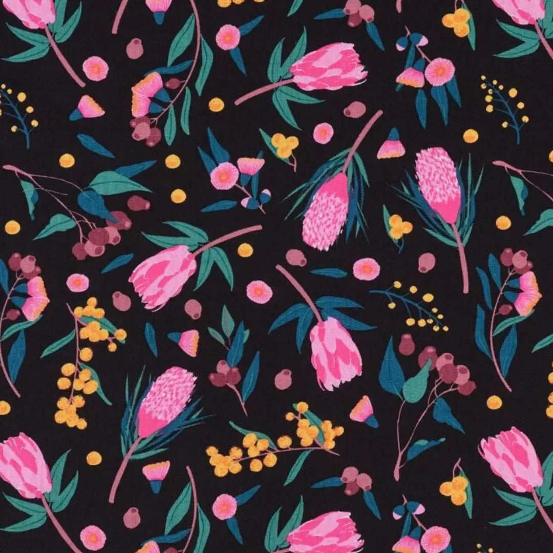 Floral pattern with pink flowers and green leaves on a black background