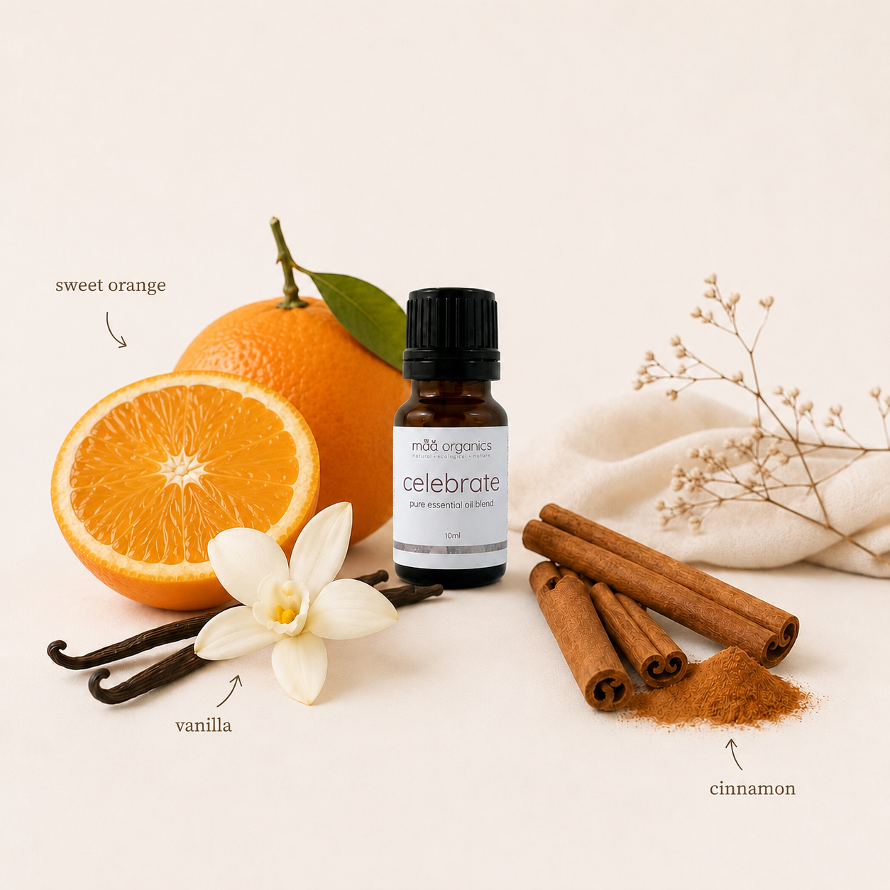 maa botanicals celebrate essential oil blend showcasing the ingredients of orange, vanilla and cinnamon