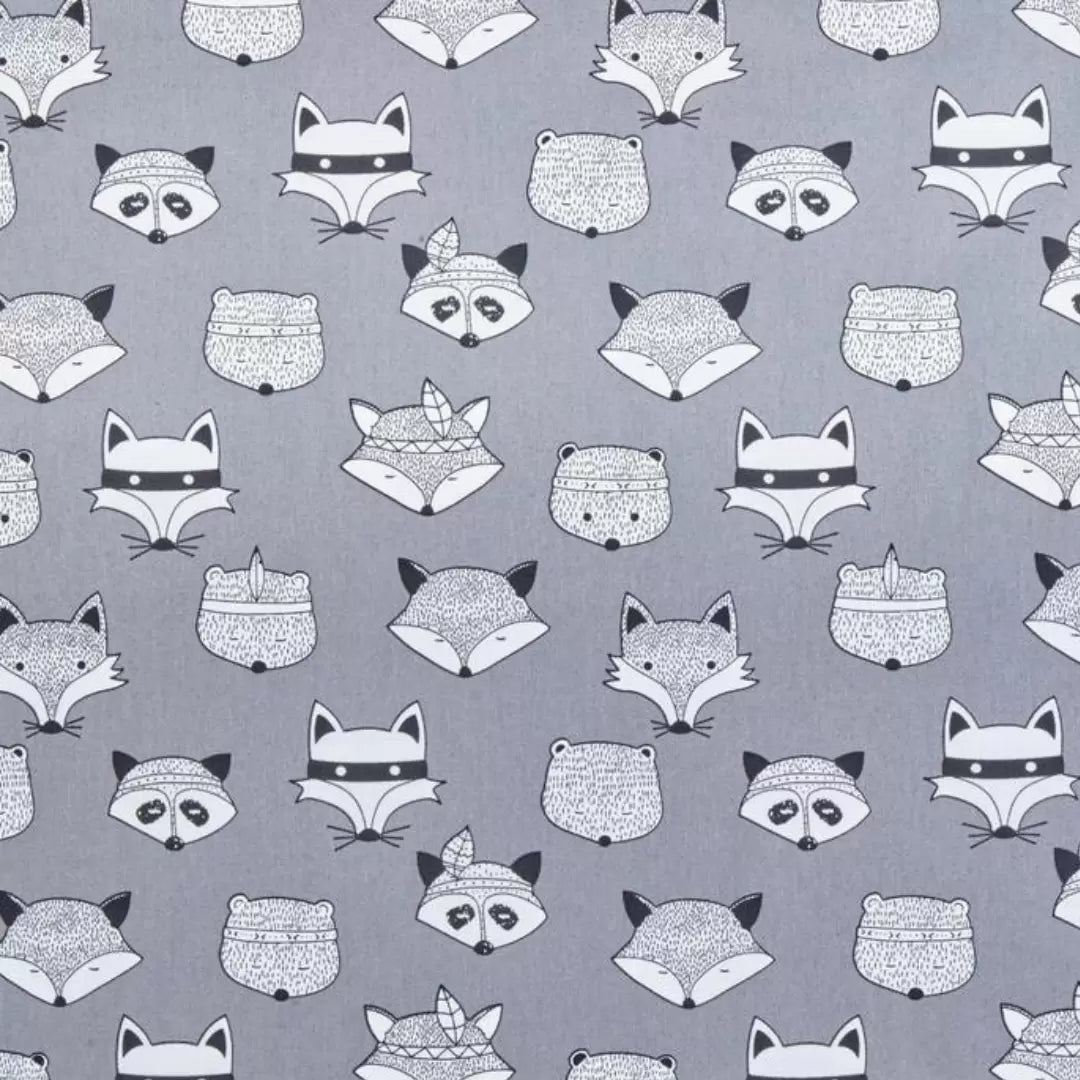 Pattern of black and white fox illustrations on a gray background