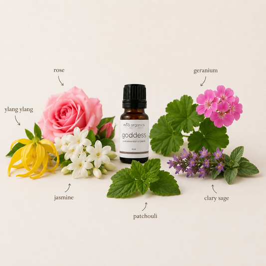 maa botanicals goddess essential oil blend showcasing the ingredients of jasmine, rose, geranium, ylang ylang, clary sage and patchouli